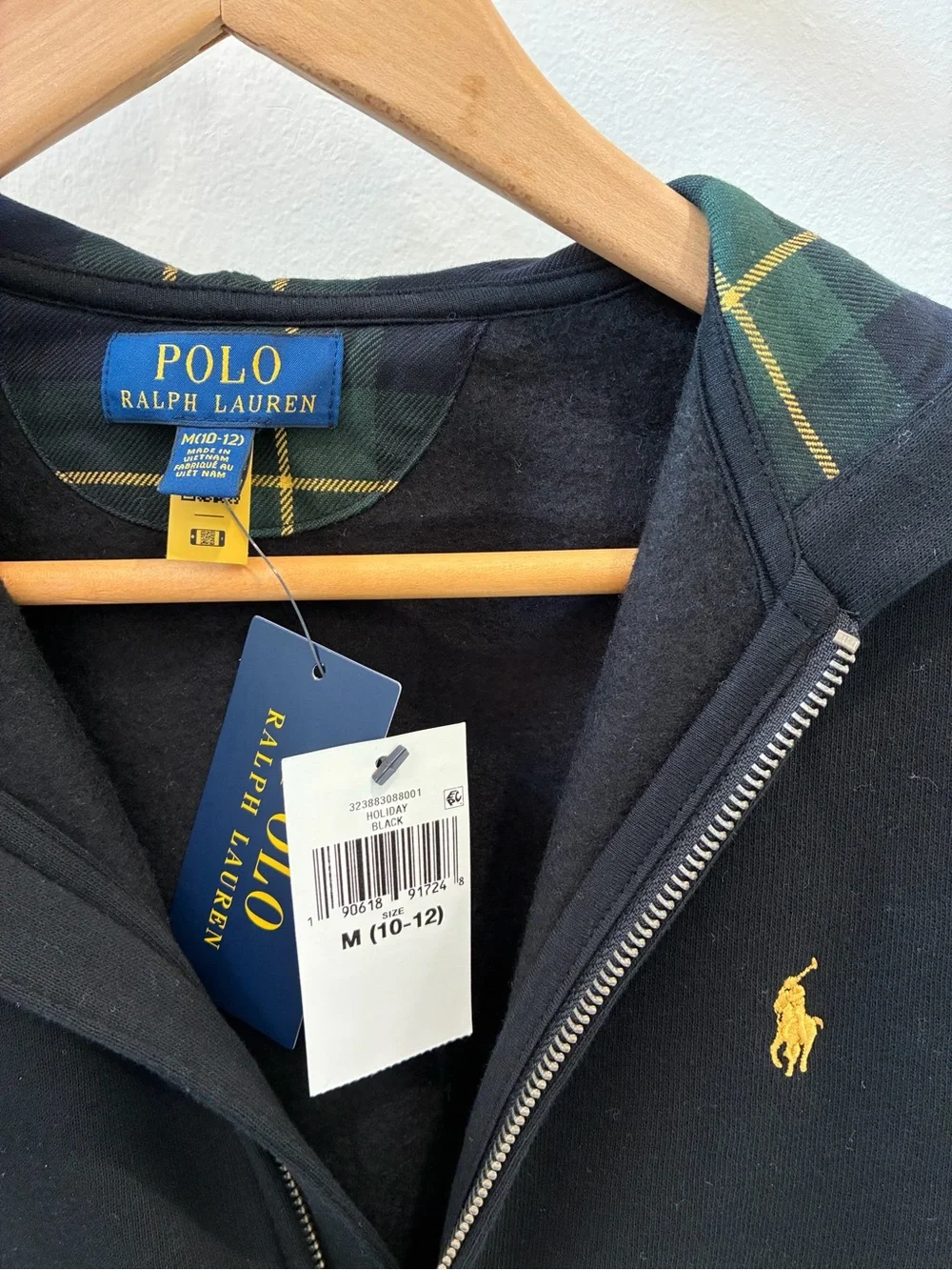 Ralph Lauren Kids Black Zip Hoodie with Yellow Pony and Green Tartan Hood